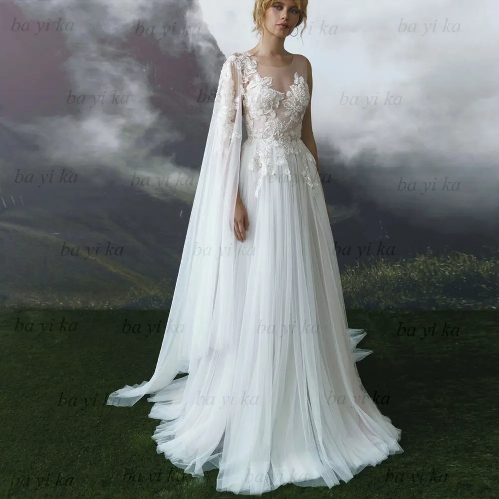 

Boho Appliques Beading One Shoulder Sleeve French Wedding Dresses Modern Backless Tulle Beach Bridal Gowns 2022 Vestido De Novia