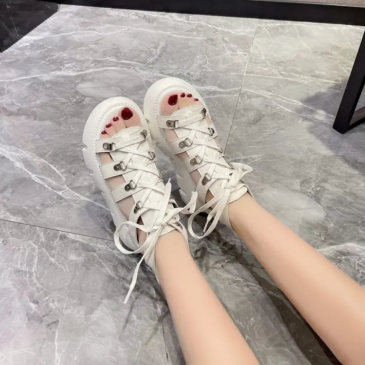 2023 Heightened Shoes Women Thick Soled Shoes Motorcycle Fish Mouth Sandals Comfortable High Heels High Top Hollowed Out Sandals
