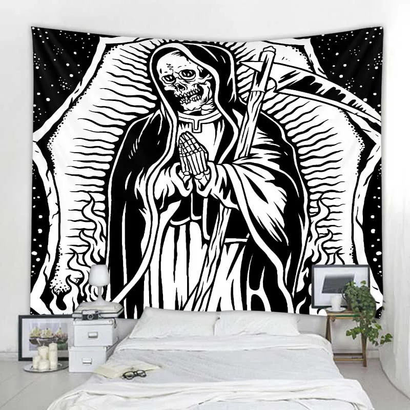 

Skull Illustration Mandala Boho Tapestry Art Deco Blanket Curtain Hanging Home Bedroom Living Room Decoration