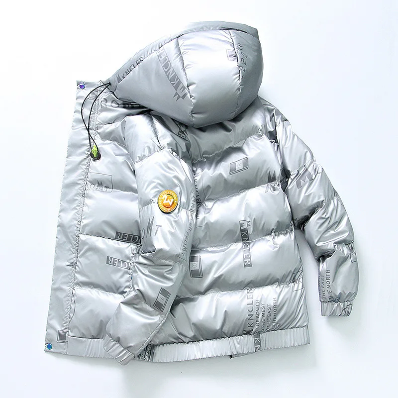 Men's Winter 90% White Duck Down Down Jacket Men's Casual Loose Bright Printed Down Jacket Outdoor Waterproof Hooded Jacket