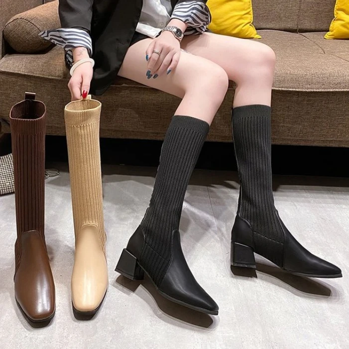 2023 Autumn Winter Women's High Heel Sock Boots Fashion Knitting Stretch Boots Women  Retro Long Boots Mid Sock Boots
