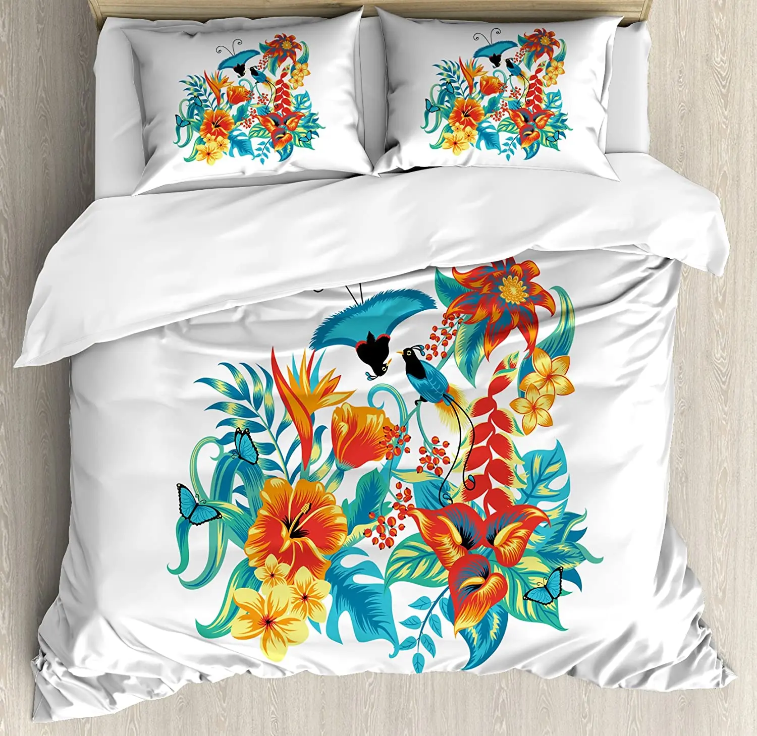 

Flowers Bedding Set For Bedroom Bed Home Tropical Exotic Jungle Foliage with Birds Hawaii Duvet Cover Quilt Cover And Pillowcase