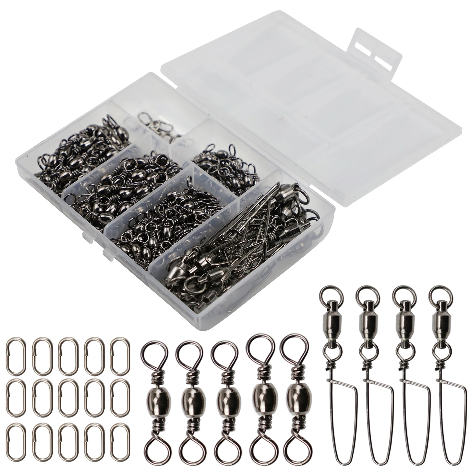 

Fishing Swivels Kit 230pcs/Box Stainless Steel Ball Bearing with Costlok Snap Open Split Sinkers Rolling Pin Ring Connectors
