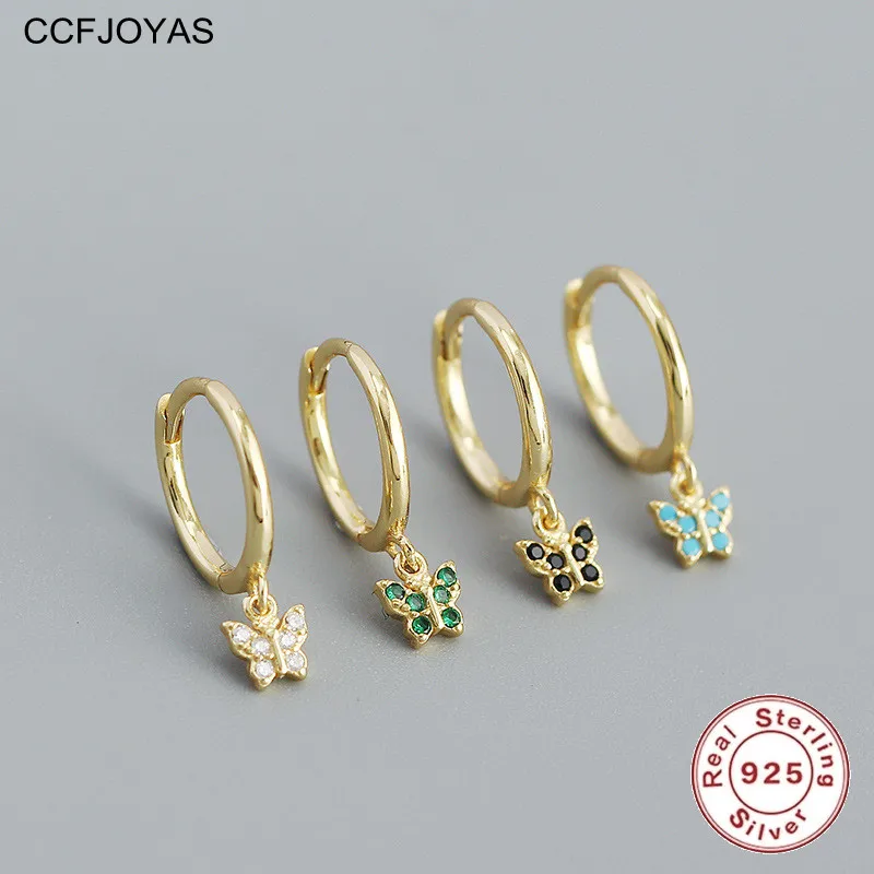 

CCFJOYAS 925 Sterling Silver 18K Gold Plated Hoop Earrings White/Black/Green/Turquoise color Zircon Butterfly Earrings Jewelry