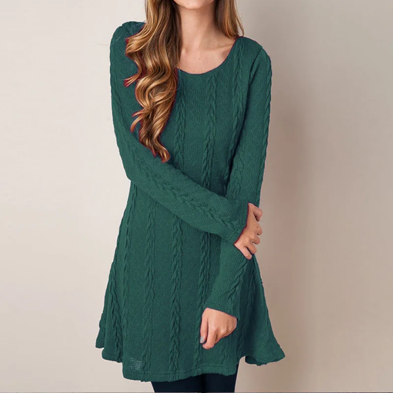 

O-Neck Multiple Colors Fried Dough Twist Knitting Big Hem Dress Short Elastic Waist Flounced Edge Women High Strecth Clothing