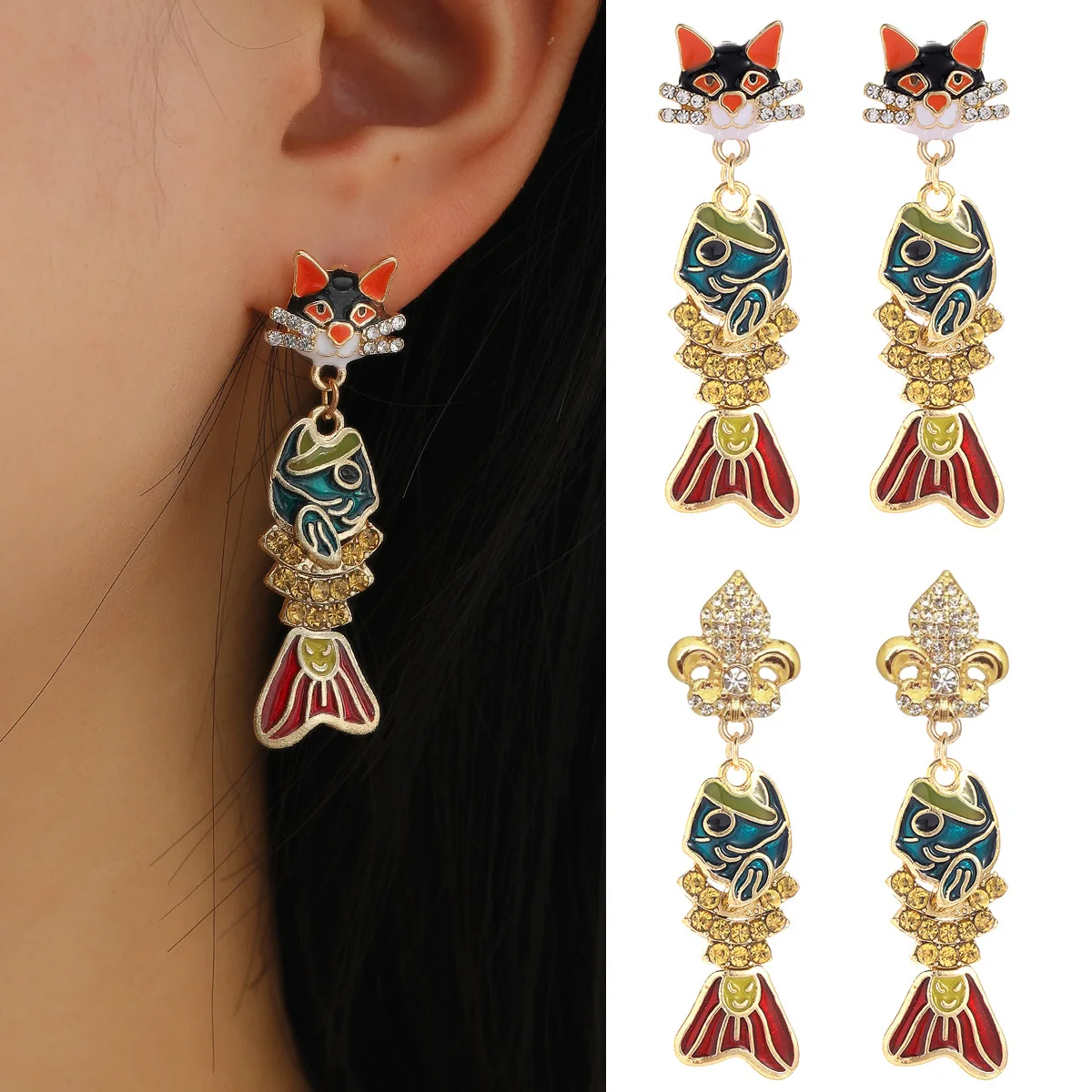 

Europe And The United States Cross Border Temperament Earrings Personality Ship Anchor Earrings Alloy Drop Oil Cat Fish Earrings