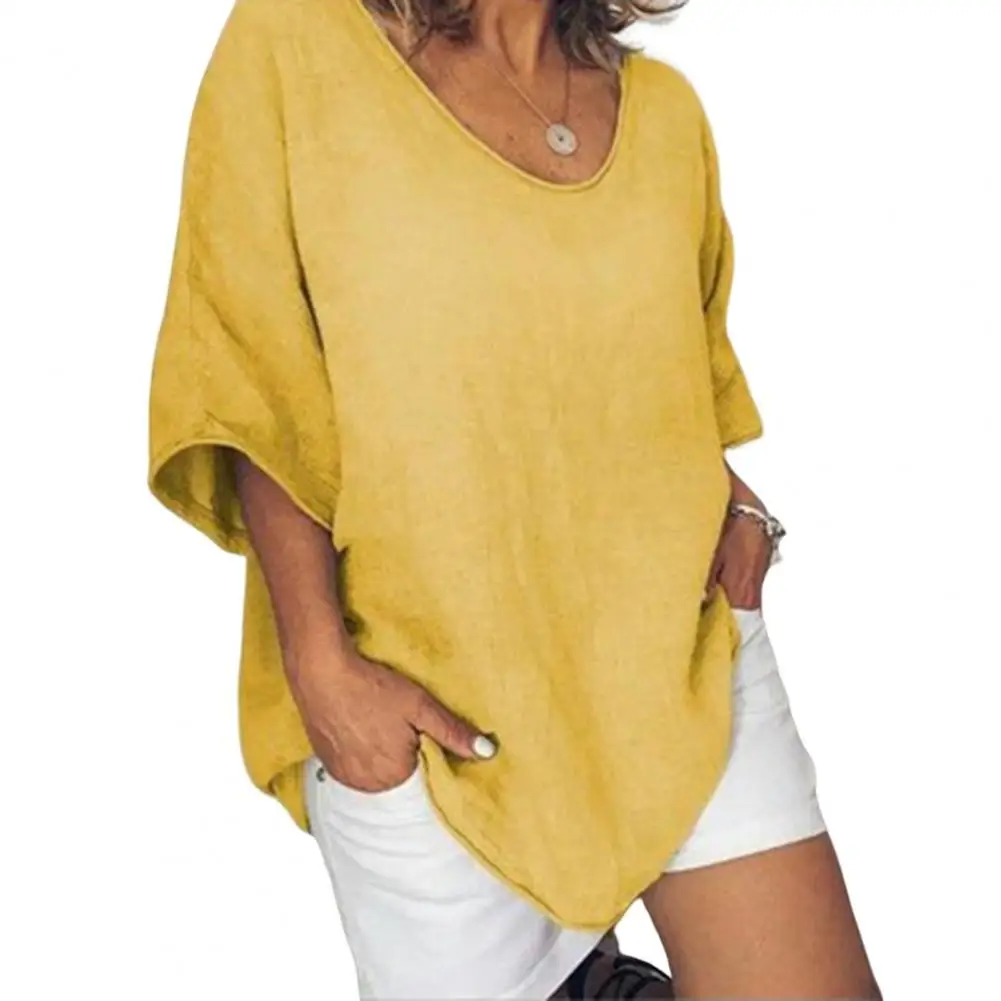 

Popular Pullover Top Solid Color Summer Women T-shirt Relaxed-Fit Crimping T-shirt