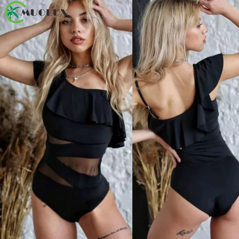 

Sexy Ruffle Trim One Shoulder Monokini Mesh One Piece Swimsuit 2022 New Patchwork Transparent Swimwear Bodysuit Bathing Suit