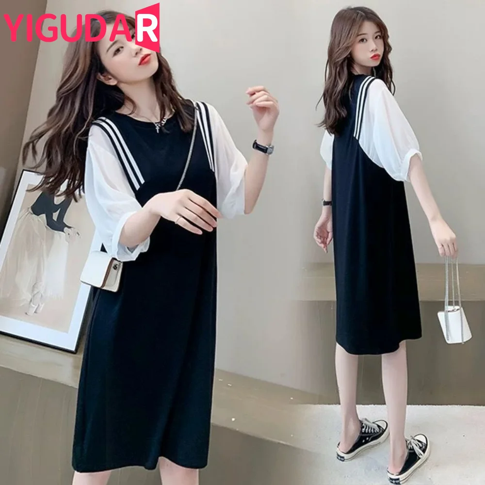 Enlarge New Pregnant Women Clothes Set for Summer Short Sleeve Cotto Top Strap Chiffon Dress Twinset Loose Maternity Dress Suits