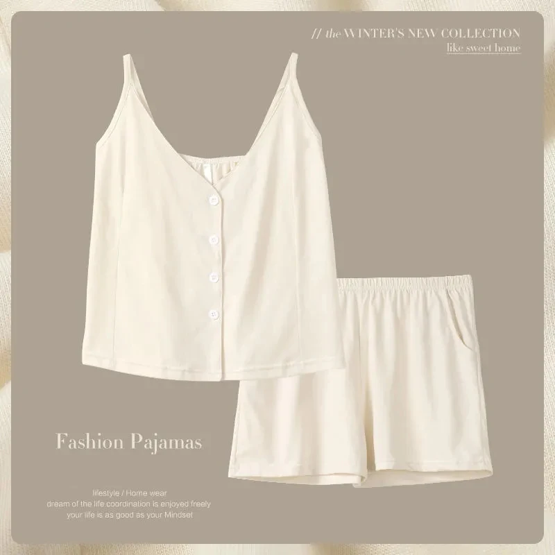 Summer Cotton Thin Pajamas Women'SSleeveless Shorts Lingerie Women'S 2 Piece Set Suspenders Sexy Home Wear Vest Woman Clothes