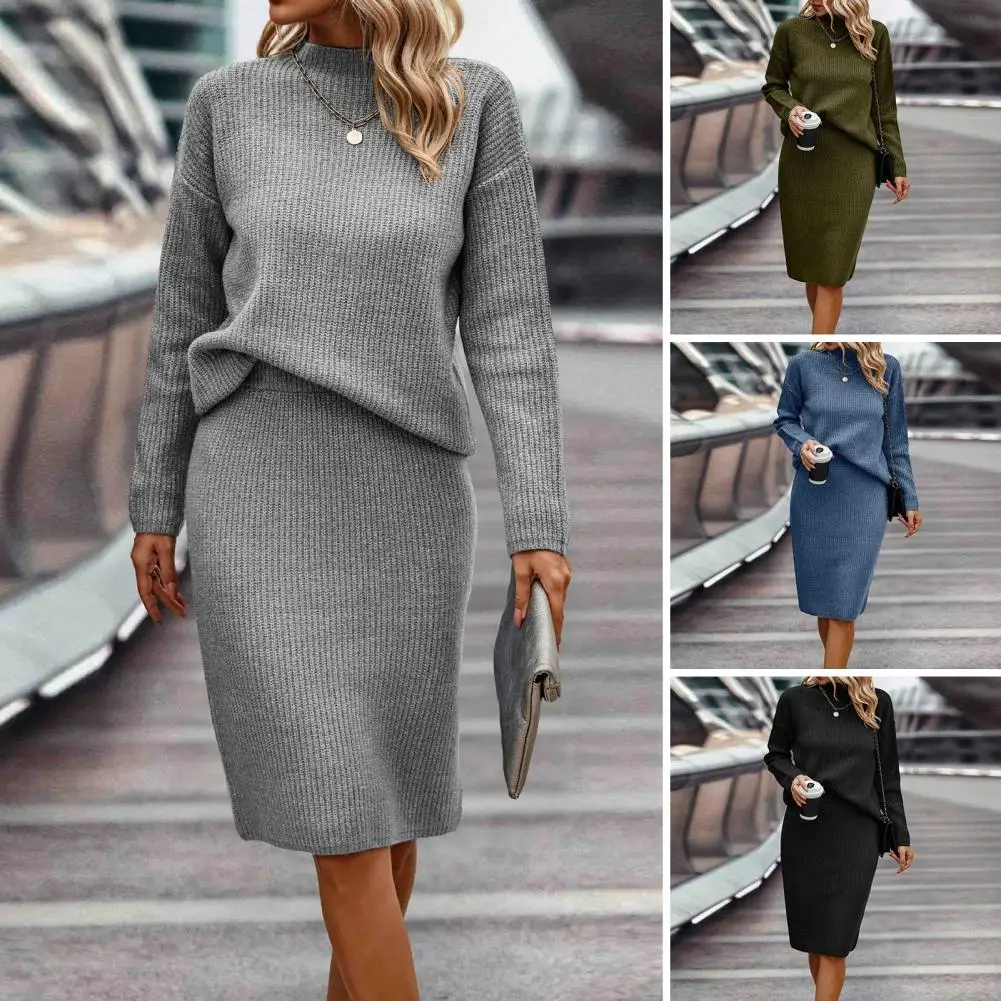 

Комплект из 2 предметов, свитер и юбка, вязаный однотонный костюм с длинным рукавом, полувысоким воротником и разрезом на подоле, эластичный Повседневный Женский костюм с юбкой
