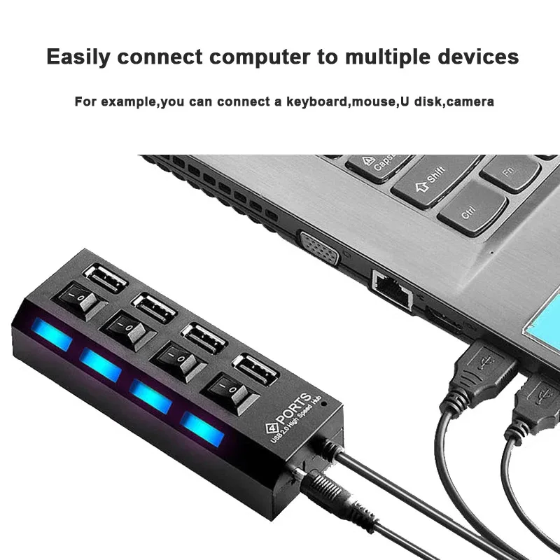 Фото 4/7-портовый USB-концентратор USB 2.0, разветвитель, многопортовый концентратор, адаптер питания, несколько концентраторов расширителей с переключателем, кабель 30 см для ноутбука №5