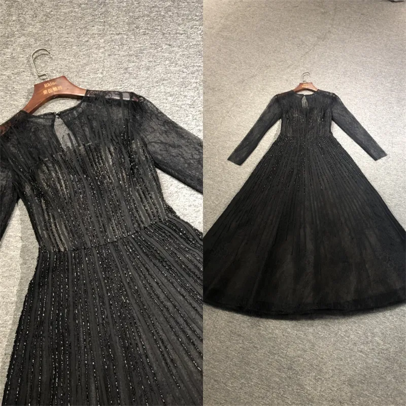 

100%Real Pictures Black Lace and Tulle Luxury Beads Full Sleeves Ankle Length Party Prom Dress Dance Bridal Evening Dress