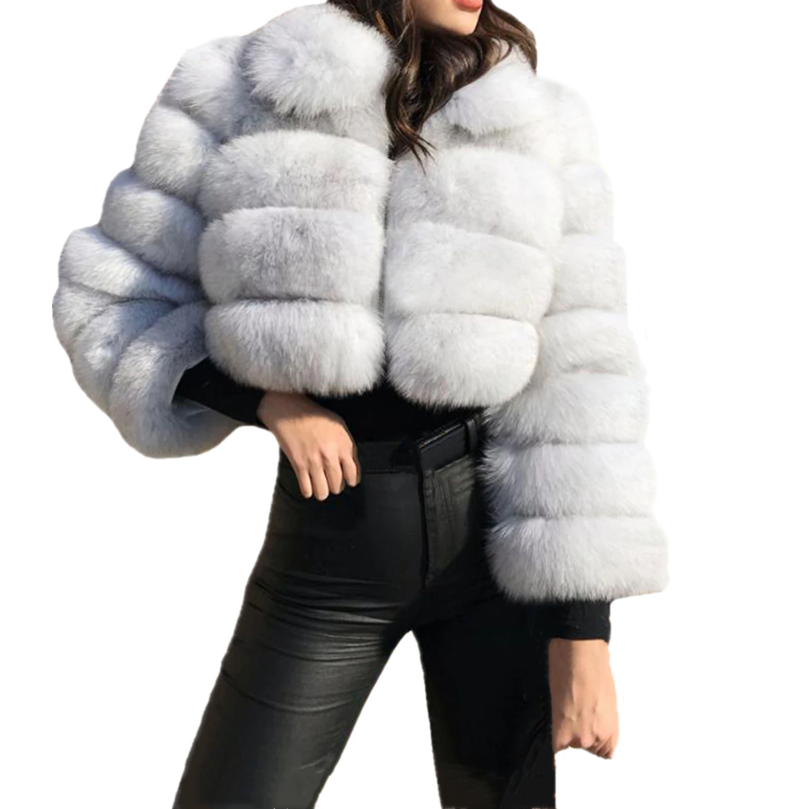 

Lisa Colly Women Winter Long Sleeve Lapel Zip Up Fluffy Faux Fur Coat Short Jacket Thick Warm Outwear