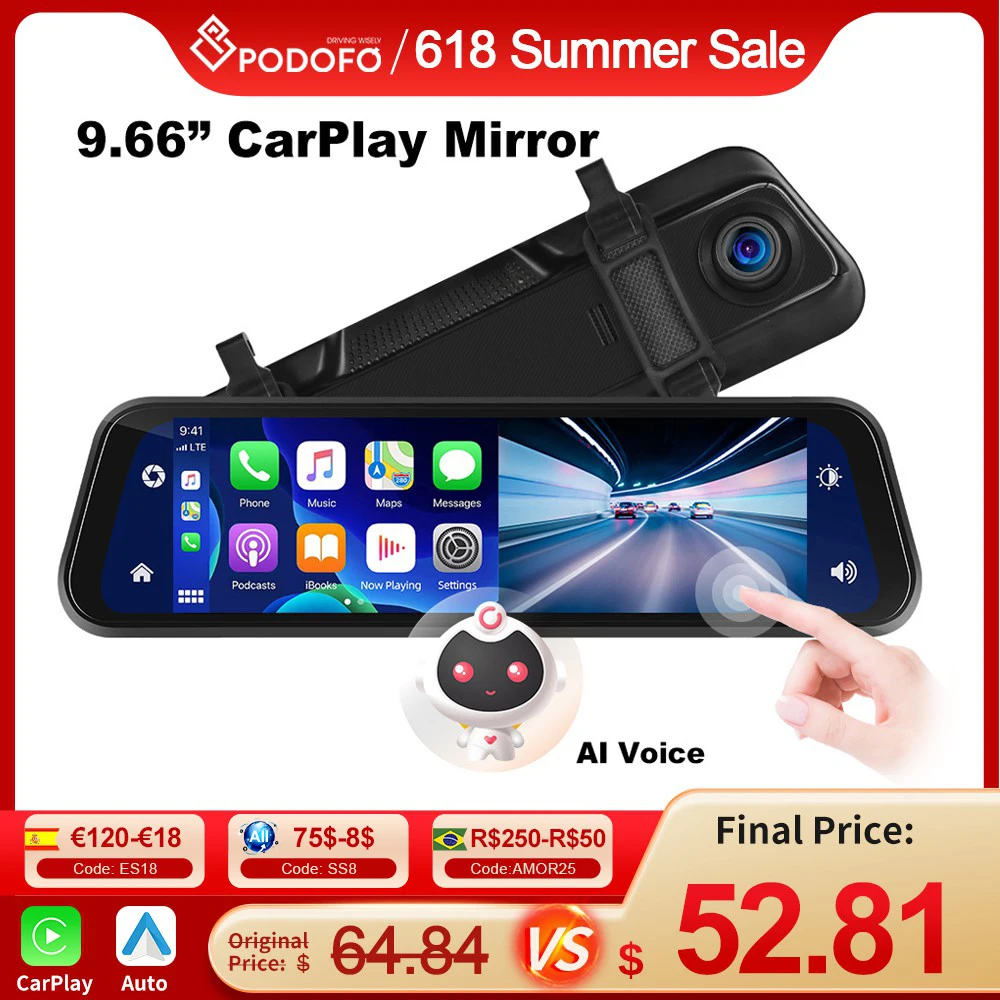 Podofo Dash Cam 4K CarPlay Mirror Monitor Android Auto Navigation Touch Screen Rear View Video Recording Car DVR Voice Control