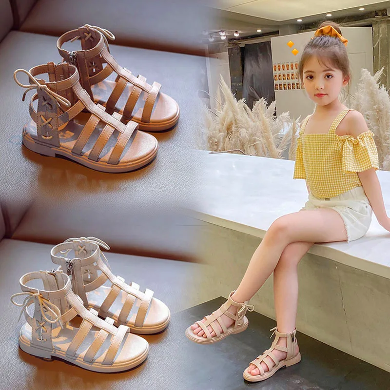 Girls Roman Sandals Side Zipper Children's High Top Sweet Bow Knot Simple Lightweight woven soft sole Princess Cool boots