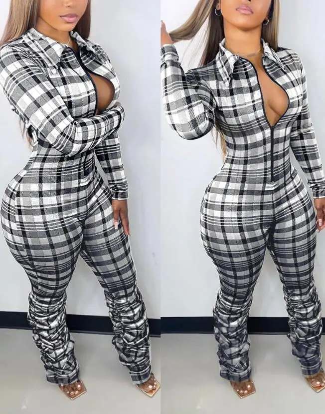 Plaid Print Zipper Design Ruched Jumpsuit for Women Long Sleeves Skinny Rompers Lady Clothing Fashion New