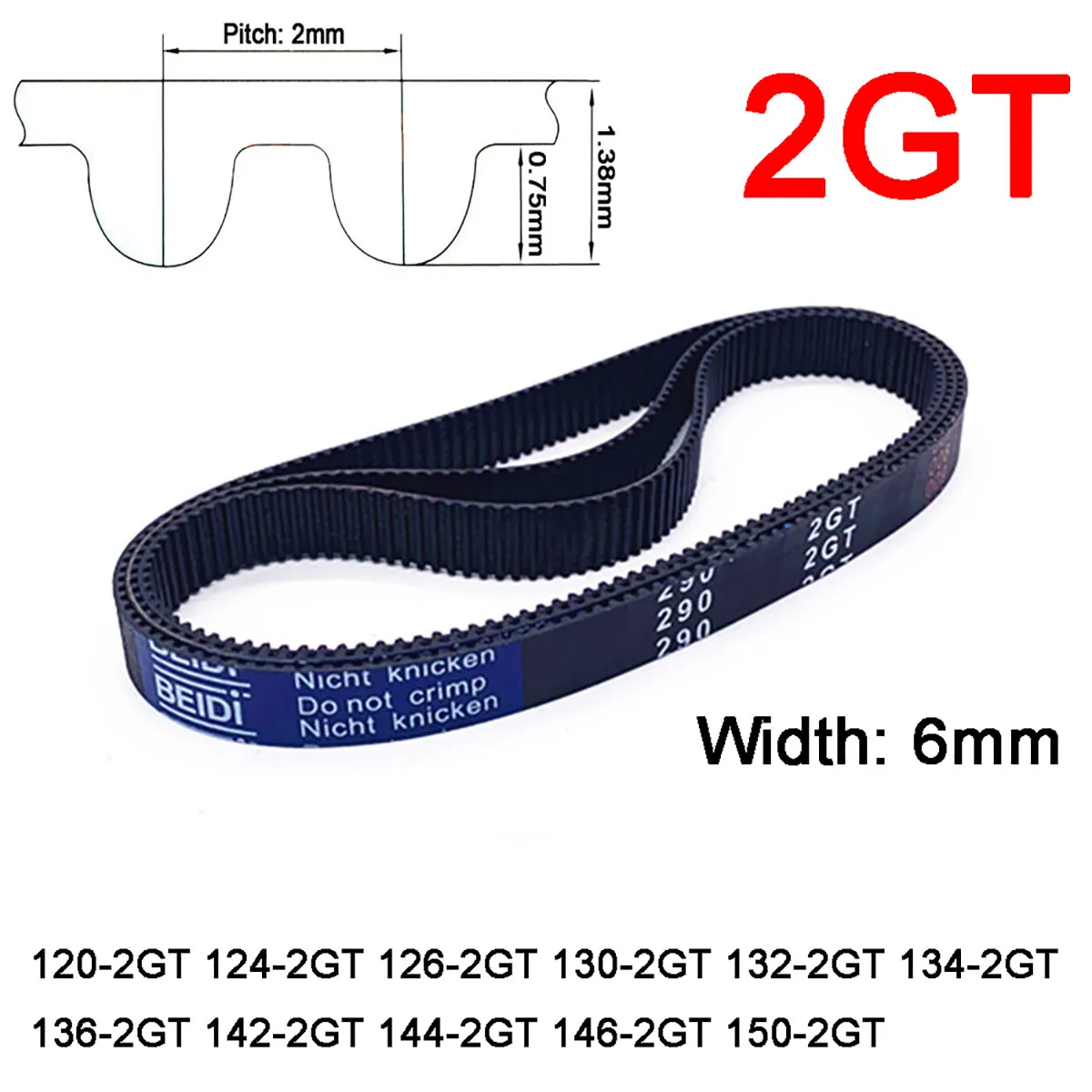 

1Pc Width 6mm 2GT Rubber Arc Tooth Timing Belt Pitch Length 120 124 126 130 132 134 136 142 144 146 150mm Synchronous Belt