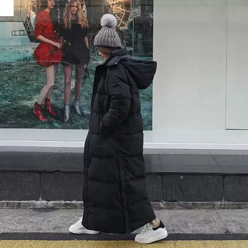 Down Parka Jacket Winter Black Extra Long Over Knee Jacket Women's Hooded Solid Color Pocket Thickened Warm Jacket Coat Women