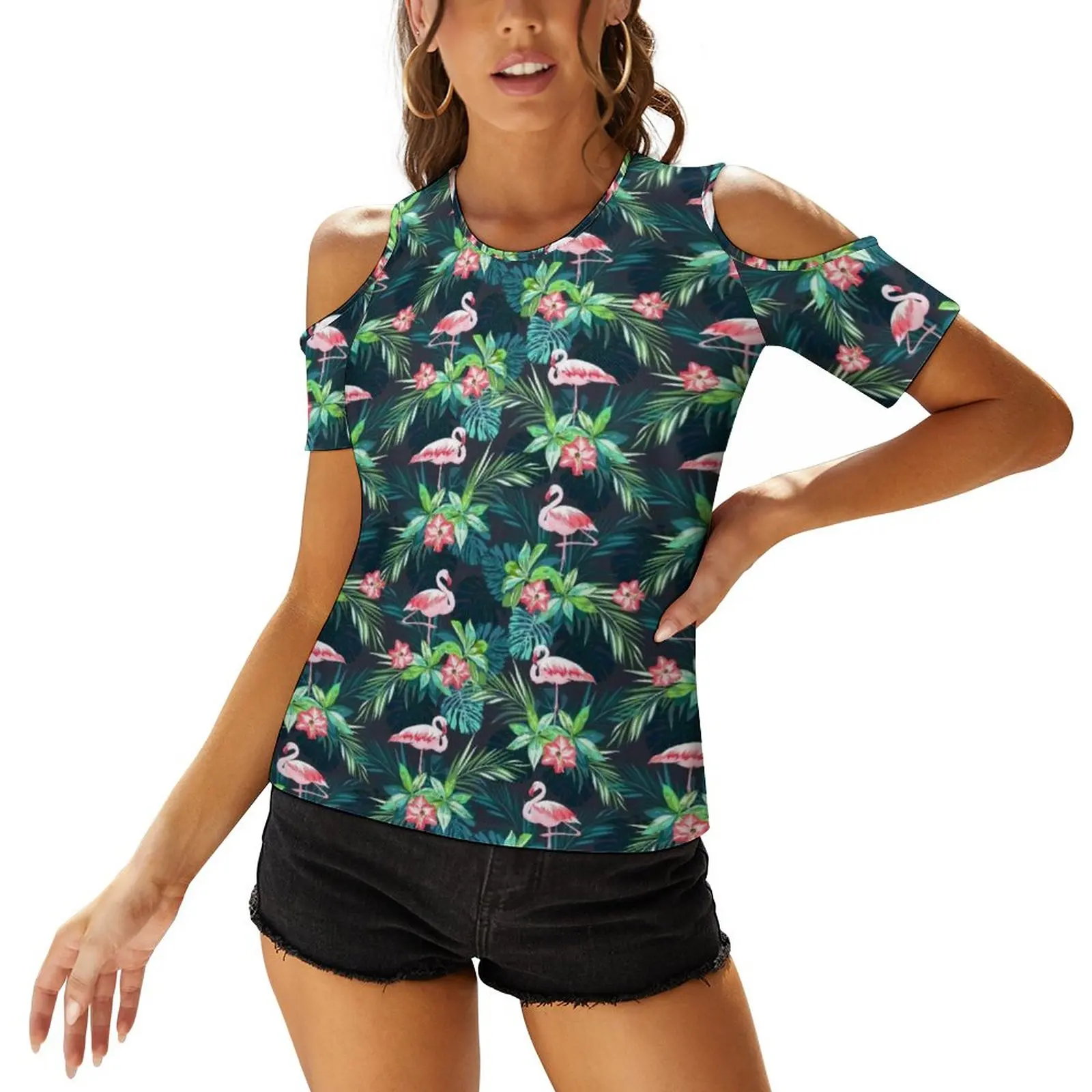 

Tropical Palm Leaves Design T Shirt Bright Flamingos Cold Shoulder Street Fashion Graphic Womens Sexy T-Shirt U Neck Tee