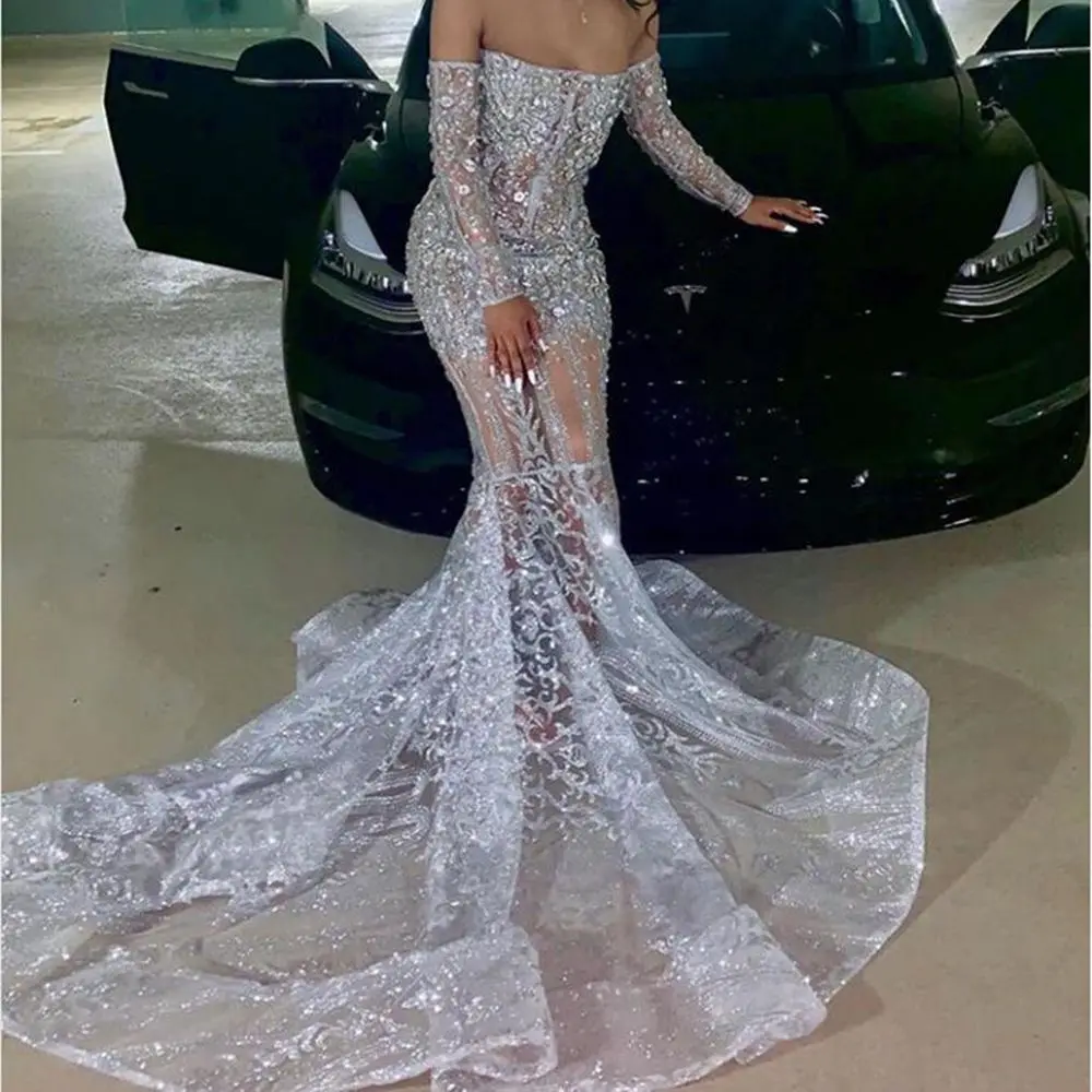 Роскошные Серебристые платья-русалки с кристаллами для выпускного вечера