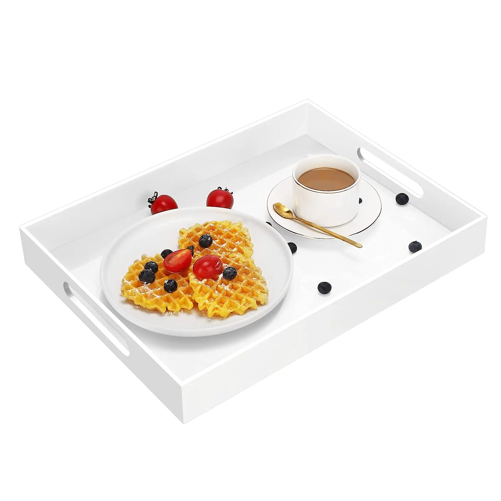 

Acrylic Serving Trays with Handles, 16"x 12" Rectangle Sturdy Breakfast Trays, White Decorative Trays Organiser for Bedroom