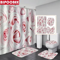 Pink Rose Flower Print Shower Curtains Waterproof Polyester Bathroom Curtain Anti-skid Rugs Carpet Toilet Lid Cover Bath Mat Set
