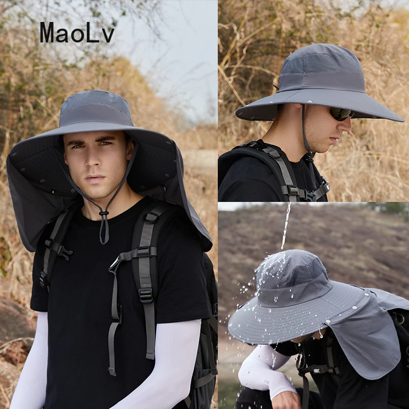 Summer Sun Hat Men Women Buckle Hat with Shawl Outdoor UV Protection Large Wide Brim Hiking Fishing Mesh Breathable Safari Cap