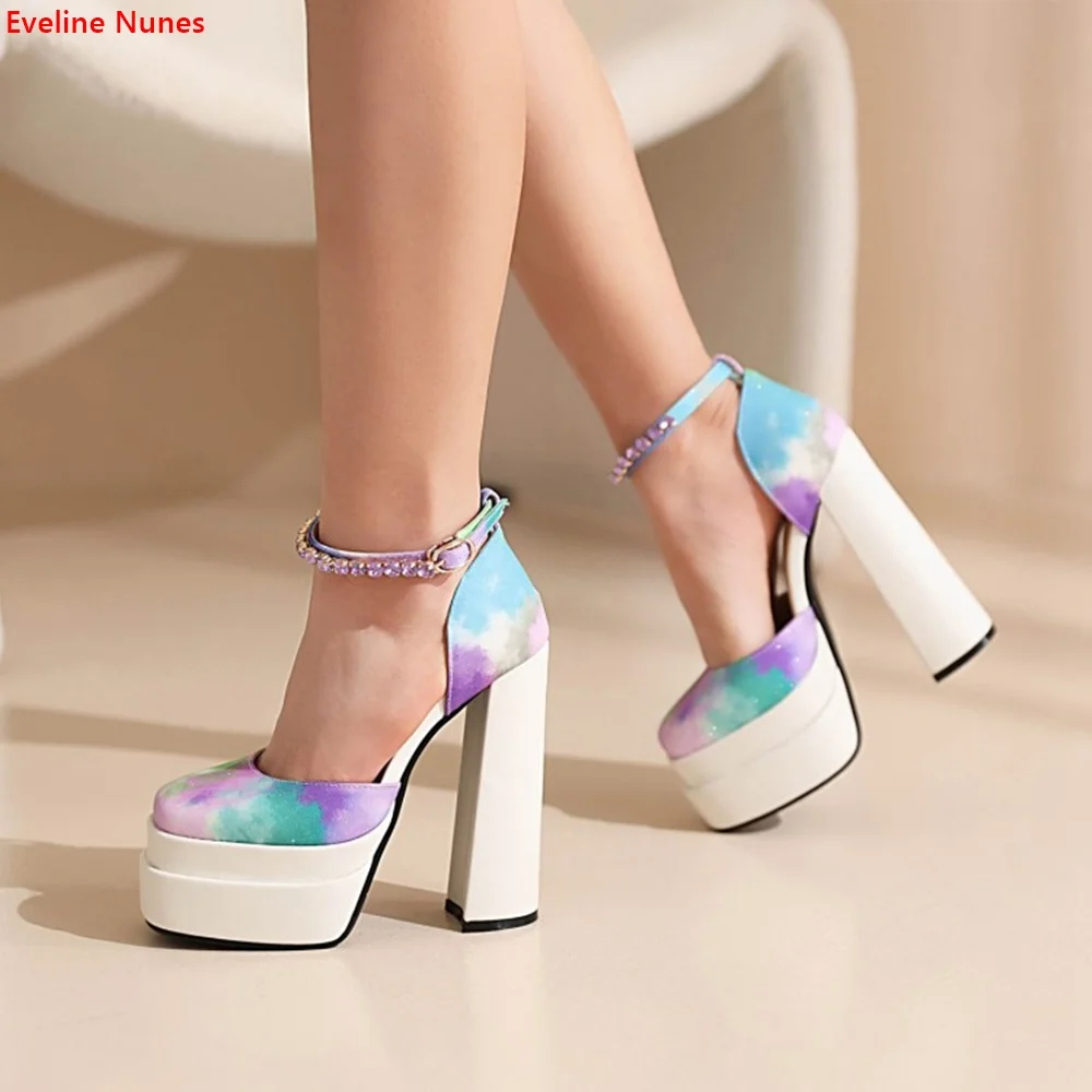 

Летние сандалии на платформе со стразами женские разноцветные с круглым носком на массивном каблуке модные удобные красивые туфли хорошего качества