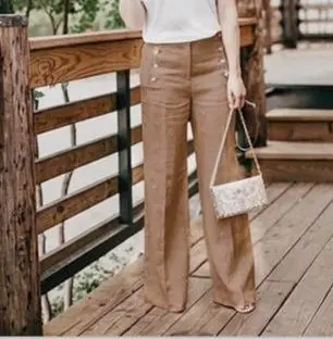 

2023 Autumn Cotton Linen Women's Long Pants Black Button Pockets Loose Wide-Leg Pants Female Casual Elegant Trendy Ladies Bottom