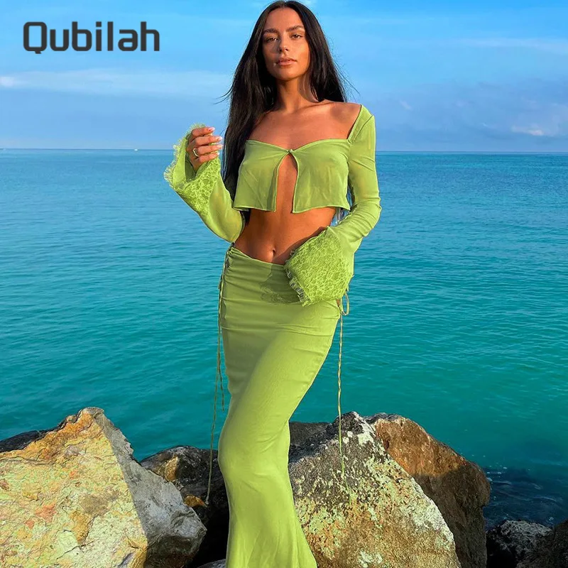

Dresses Sets Women Sexy Outfits Long Sleeve Crop Top Cardigan 2022 Spring New See Through Maxi Skirt 2 Pieces Sets Outfits Women
