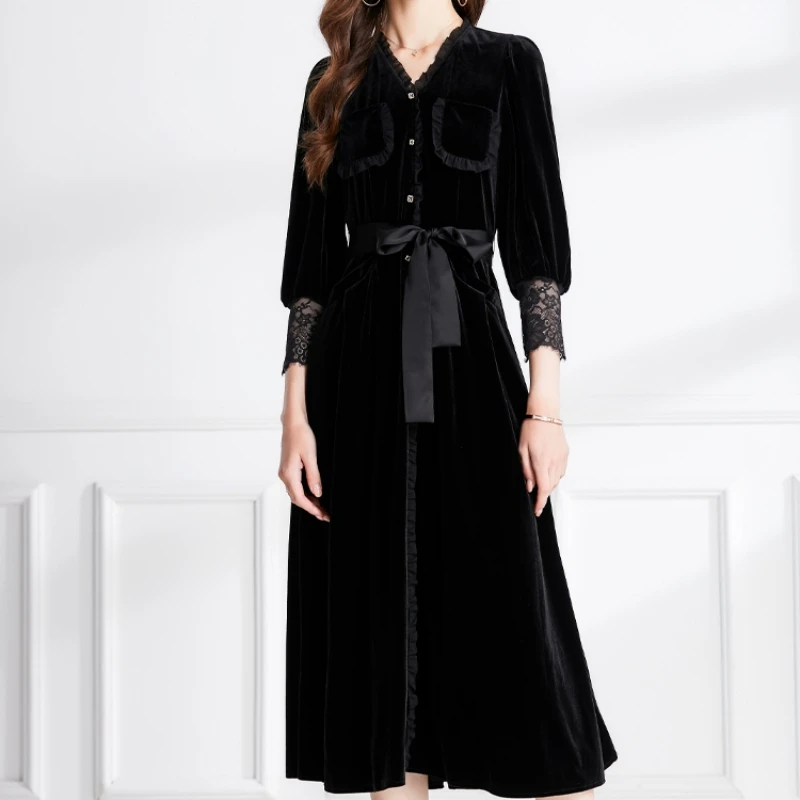 

Женское однобортное бархатное платье, элегантное однотонное платье с длинным рукавом, оборками и V-образным вырезом, осень