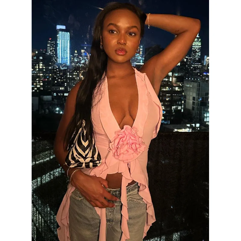 

Новинка, блузка Y2K в стиле 1920-х с 3D цветами, на бретелях-спагетти, жилет без рукавов, асимметричный плиссированный подол, Клубное платье