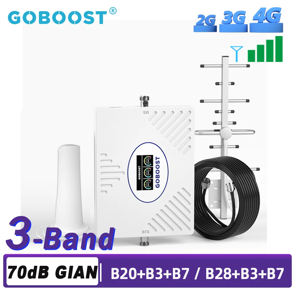 

GOBOOST 3 Band LTE Cellular Amplifier 3G 4G 70dB 700 800 1800 2600 MHz B20 B28 B3 B7 4G Cell Network Signal Booster Repeater Kit