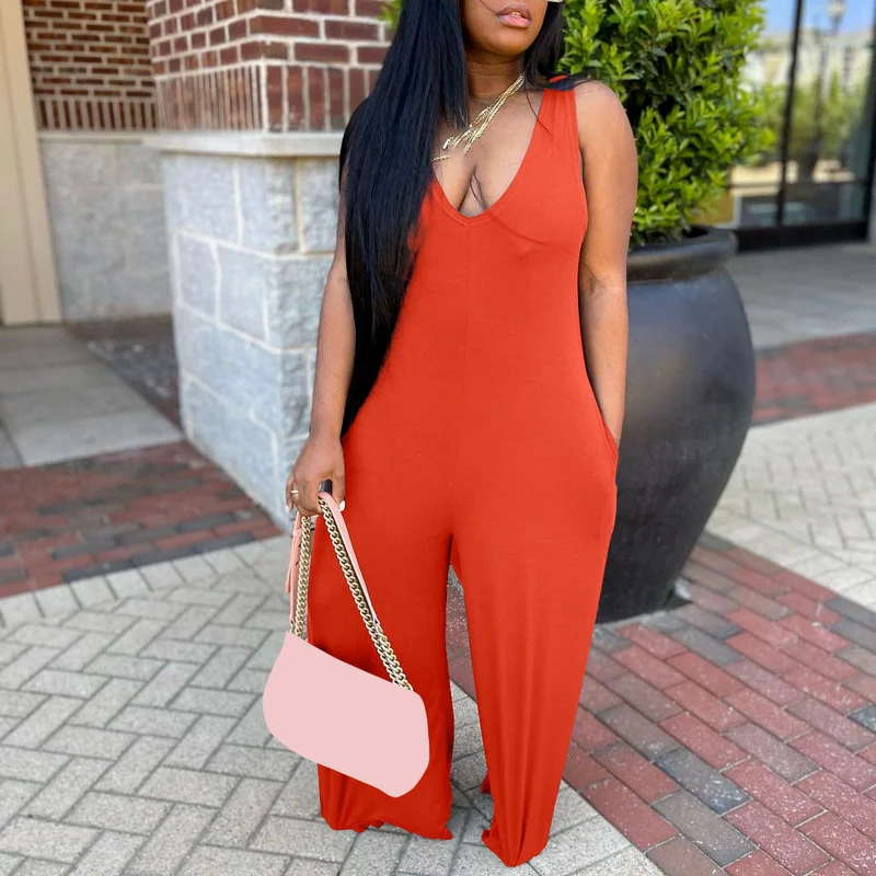 

WUHE Sleeveless V-neck Haren Straight Wide Leg Jumpsuit 2023 Elegant Women Playsuit Oversized One Piece Overalls Casual Street