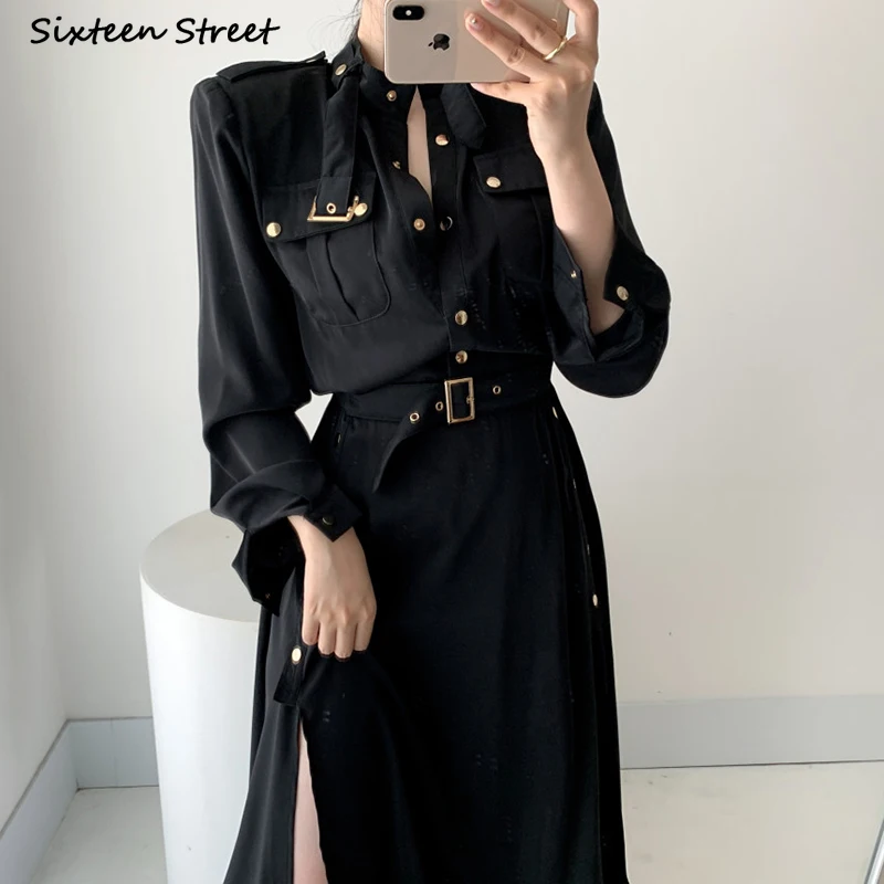 

Vintage Cargo Dress Woman with Belt High Waist Single-breasted Vestidos Woman Clothing Korean Chic OL Black Maxi Dresses Female