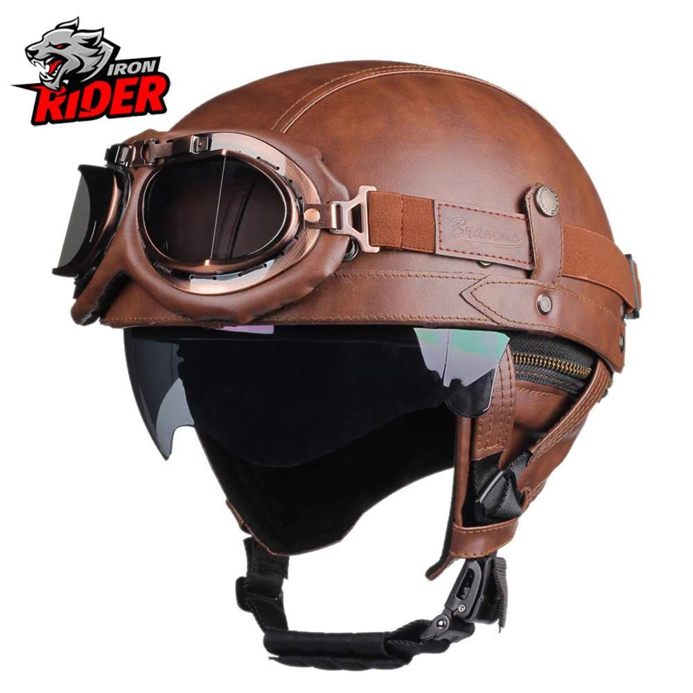 Summer Motorcycle Helmet Half PU Leather Retro Motorbike Helm Moto Bike Motocross Helmets With For Men Women Casco DOT