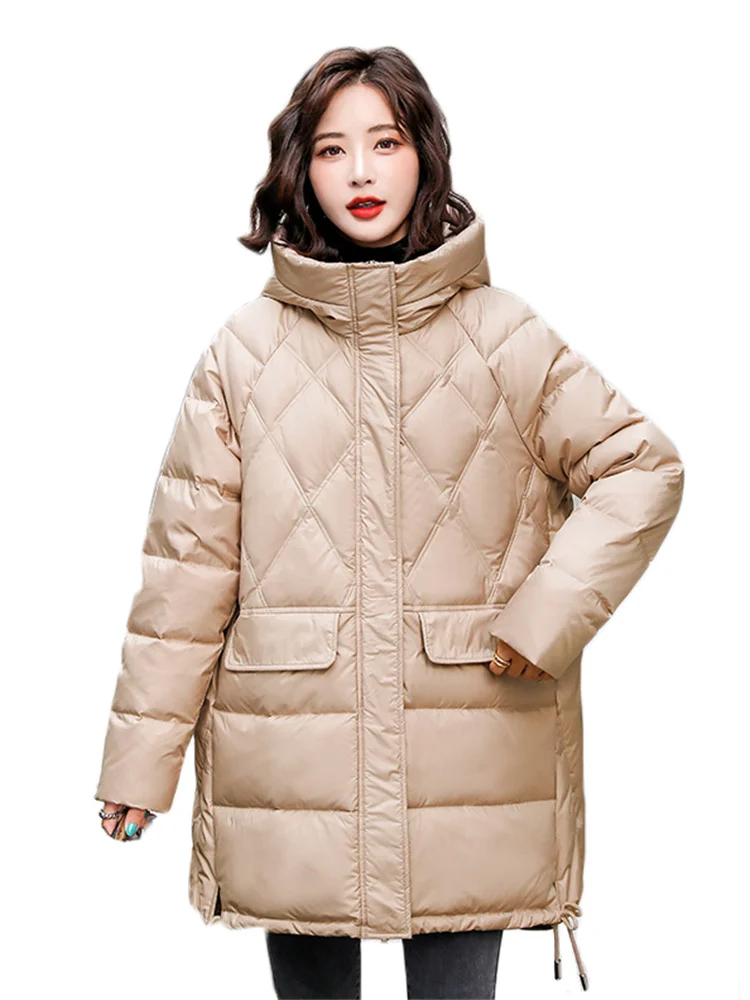 

Loose Cotton Coat Women Khaki Fashion Hooded Parkas 2022 Winter New Casual Bread Clothing Long Sleeve Bottom Drawstring Outwear