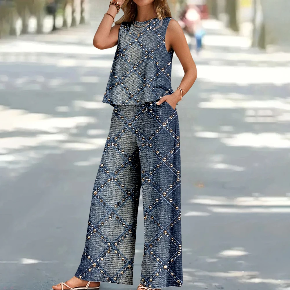 Летний женский жилет без рукавов с круглым вырезом и принтом