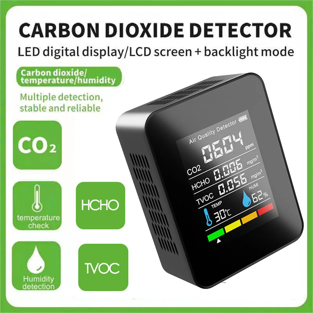 

5 in 1 CO2 Meter Air Quality Monitor Tester CO2 Detector Carbon Dioxide TVOC HCHO Detector Digital Temperature Humidity Sensor