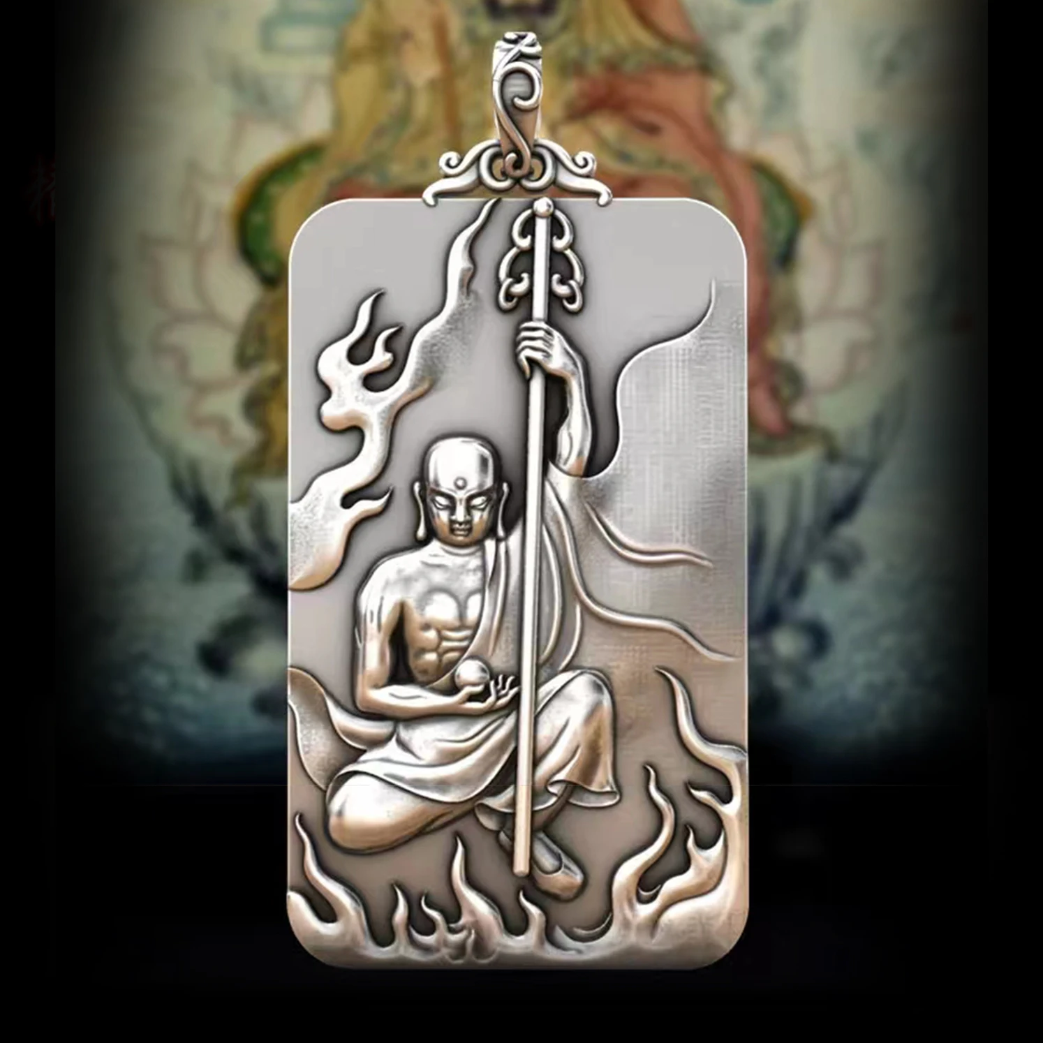 

National Tide Domineering Flame Buddha Beads Ksitigarbha Bodhisattva Buddha Pendant Men's and Women's Amulet Necklace