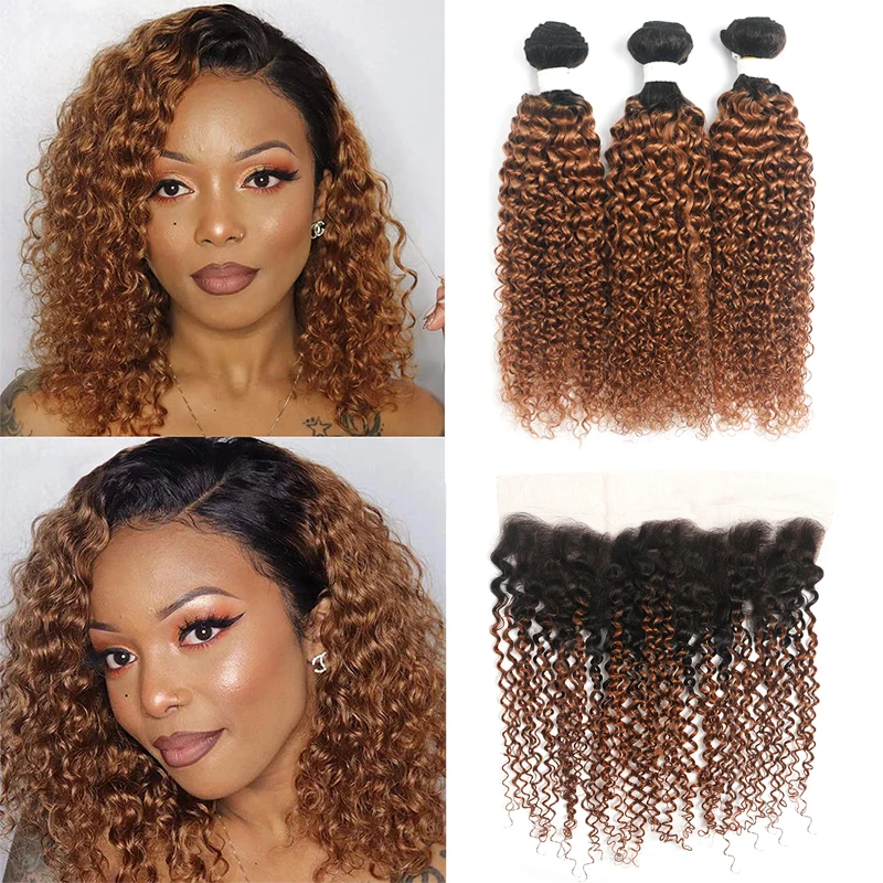 

Коричневые Курчавые Кудрявые пучки омбре с фронтальной бразильской неповрежденной кутикулой, человеческие волосы для наращивания, 3 пряди ...