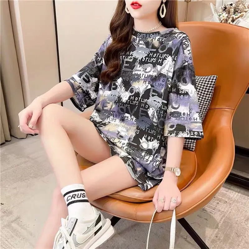 

Short-sleeved T-shirt Women 2022 Summer New Korean Style Loose Oversize Women's Mid-length Top Chic Tie Dye Print Harajuku