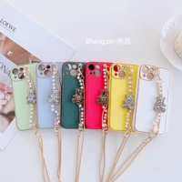 plain leather phone case for iphone 11 12 13 pro max pearl diamond bear bracelet lanyard for iphone 11 12 13 pro max phone case