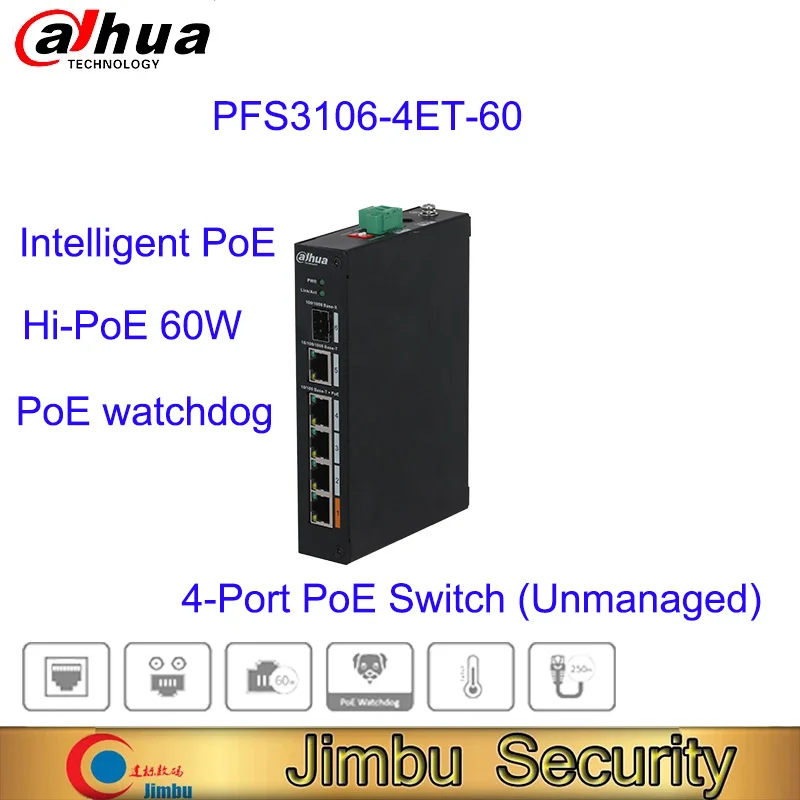 Dahua original 4-Port PoE Switch (Unmanaged) PFS3106-4ET-60 Intelligent Hi-PoE 60W 250 m long distance PoE transmission