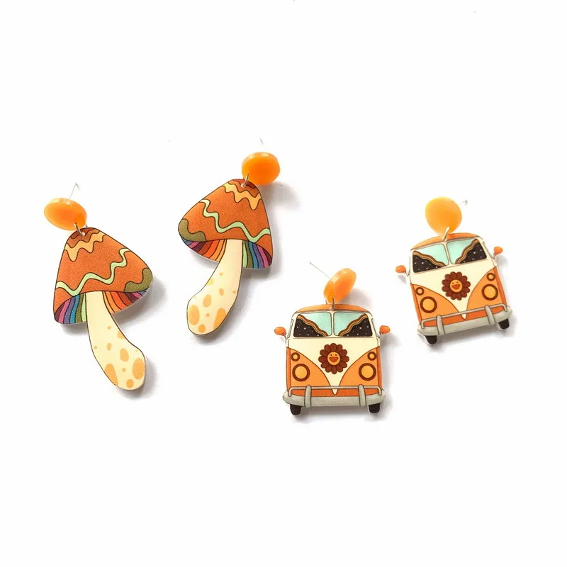 

Exaggerated Acrylic Print Stripe Orange Mushroom Earrings Smile Face Sunflower School Bus Drop Earrings