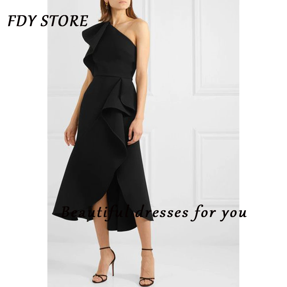 

FDY Store Evenning One-shoulder Ruffle Tea-Length Asymmetrical Simple Satin Prom Dress Formal Occasion Ball-gown Party for Women