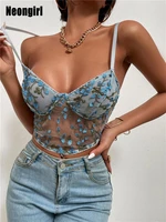 neongirl see through embroidery crop tops women blue flower chest wrapping deep v neck low cut elegant spaghetti strap camis new