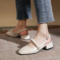 ruched detail chunky heeled slingback pumps retro square toe mid heel women sandals elegant party dress shoes fairy high heels
