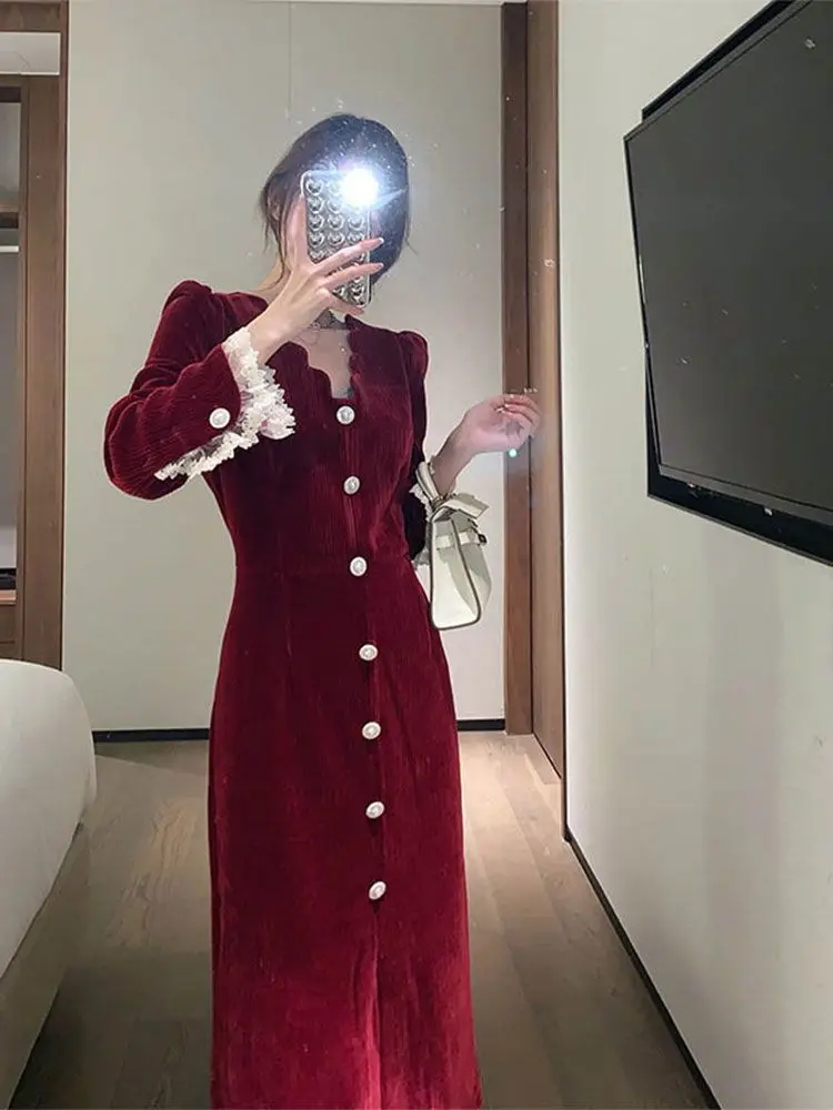 Gaganight женское красное платье с длинными рукавами и v-образным вырезом 2024